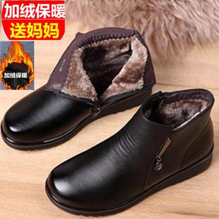 正品冬季老妈妈鞋老软人棉鞋底中年短靴女加绒保暖靴平底奶子奶棉