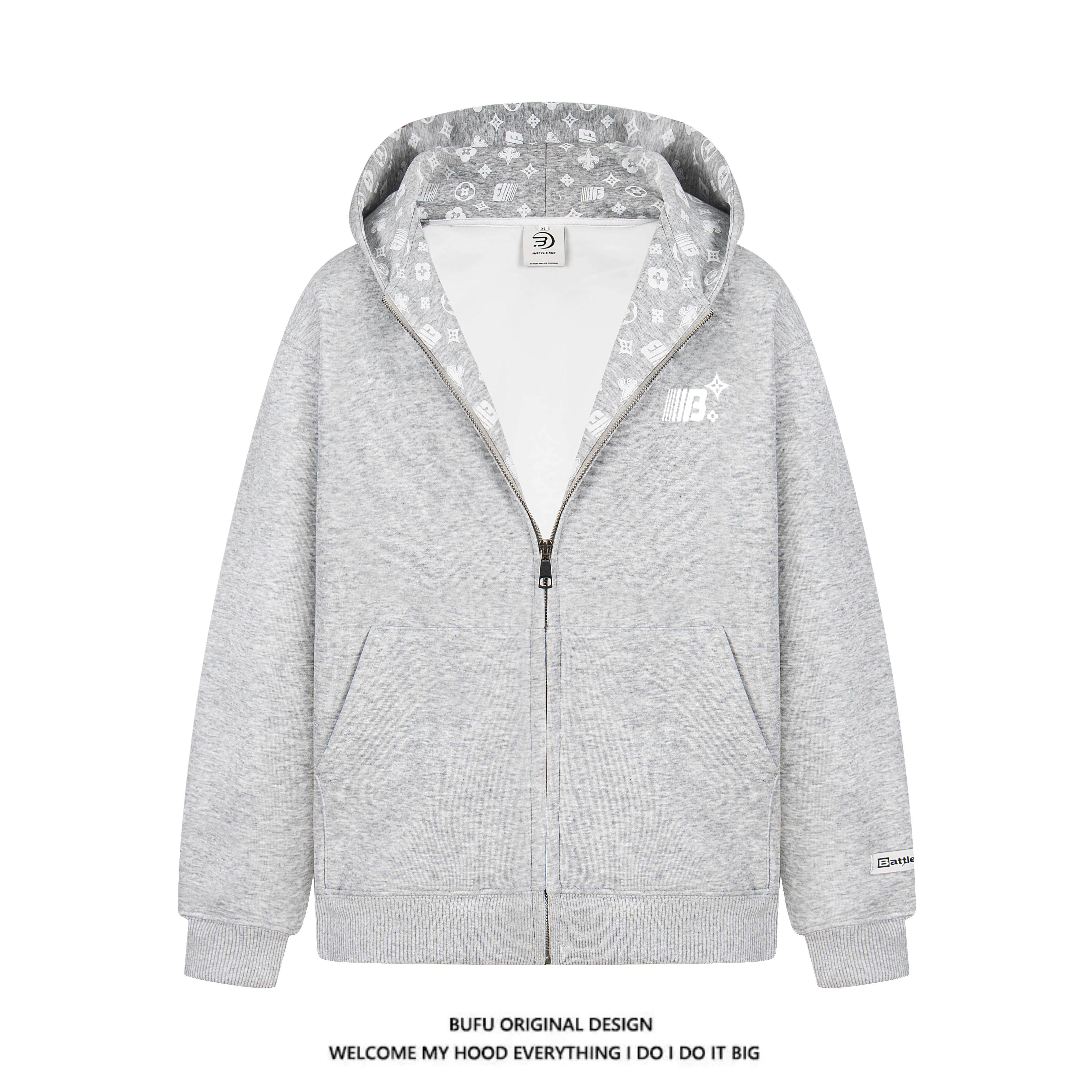 BUFU美式印花开衫连帽卫衣外套男女春秋季潮牌情侣款拉链上衣宽松