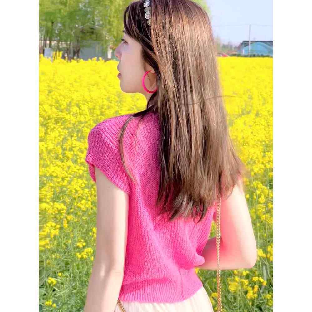 冰丝短袖t恤女夏季薄款2025新款修身显瘦短款针织衫半袖体恤上衣