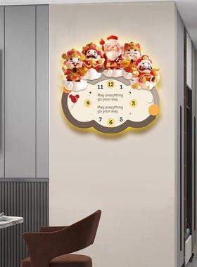 新中式财神爷餐厅钟表挂墙电视背景墙挂钟画创意静音家用装饰壁钟