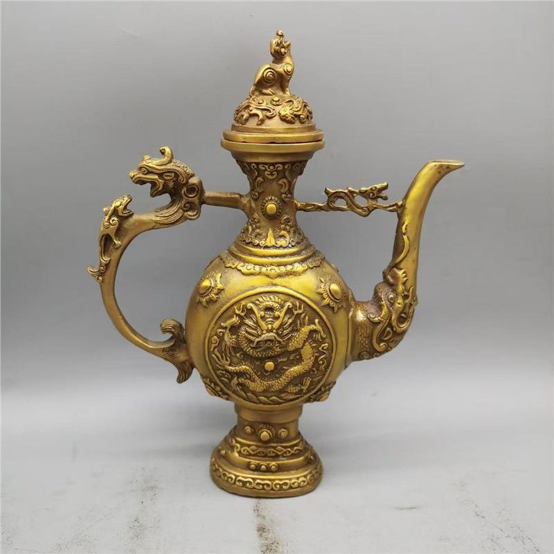 仿古纯铜双龙酒壶茶壶浮雕龙壶客厅家居装饰工艺品桌面摆件