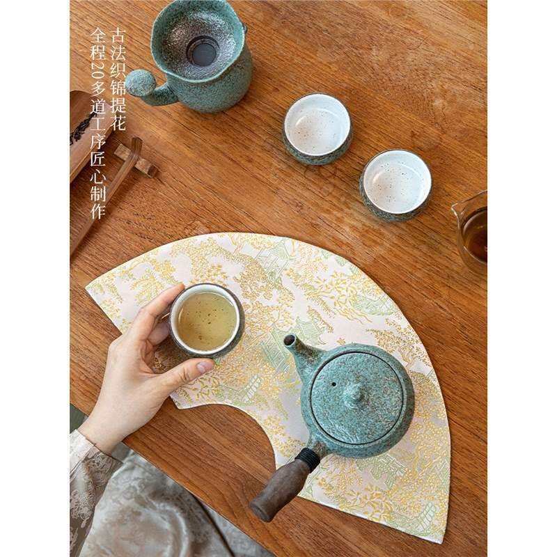 新中式云纱扇形茶席高端双面茶垫国风仙鹤桌布茶杯垫干泡茶台杯垫