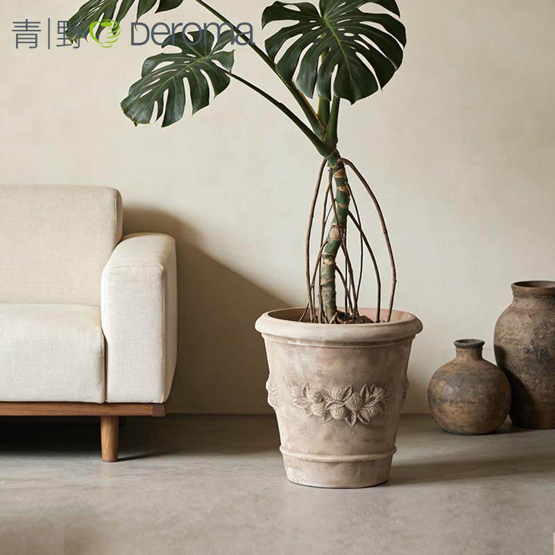 DEROMA中古做旧粗陶盆陶盆红陶土粗砂透气手工陶罐柠檬浮雕陶盆
