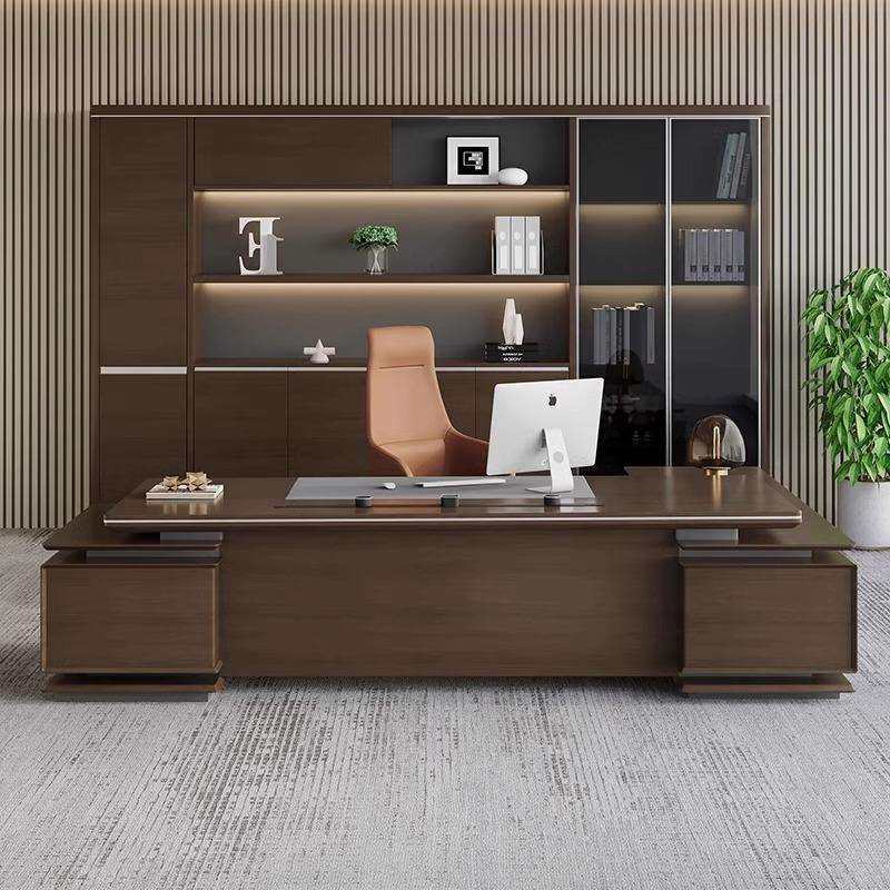 2025新中式时尚总裁桌老板桌简约现代办公室实木大班台带电力导轨