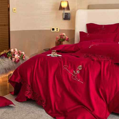 浪漫红色婚庆澳棉四件套高档结婚被套纯棉全棉花边婚嫁床品