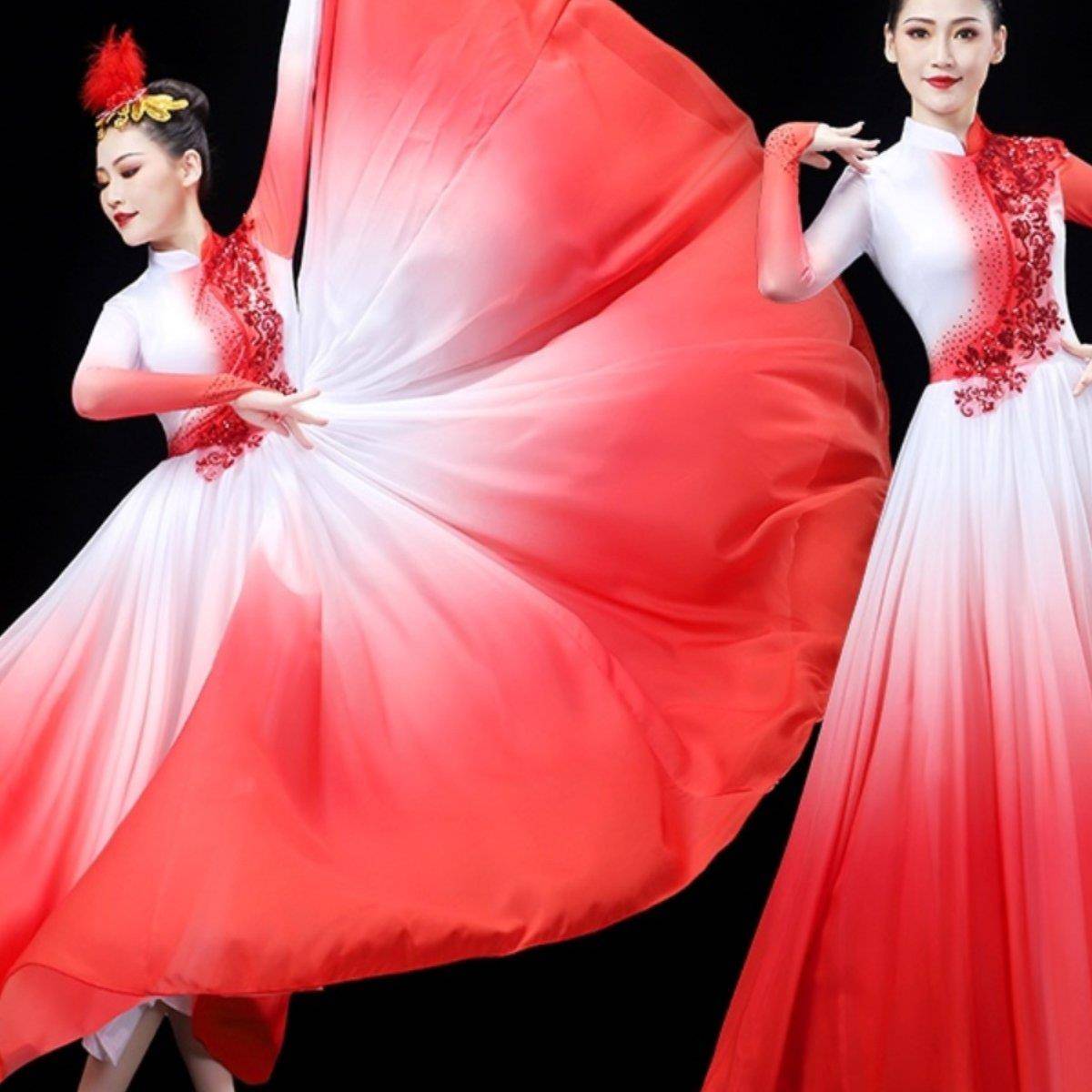 大气开场舞大摆裙现代舞灯火里的中国红色舞蹈服演出服飘逸合唱服