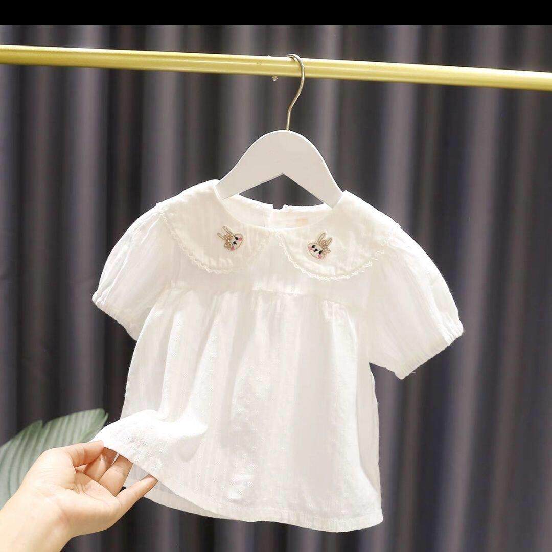女童薄款娃娃领衬衫短袖小女孩夏季薄款衬衣2026新款女孩娃娃领