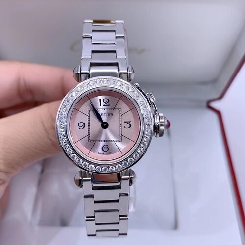 先鉴后发 95新27mm卡地亚帕莎粉盘W3140008后镶钻石英女表正品