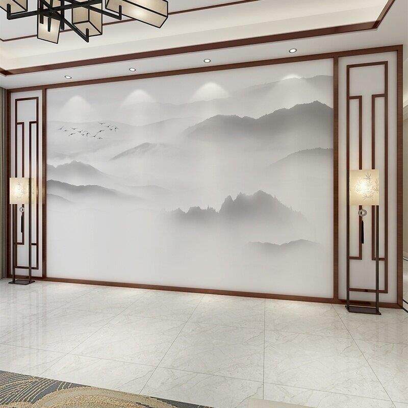 新中式竹木纤维板电视背景墙 现代简约水墨山水画集成墙板