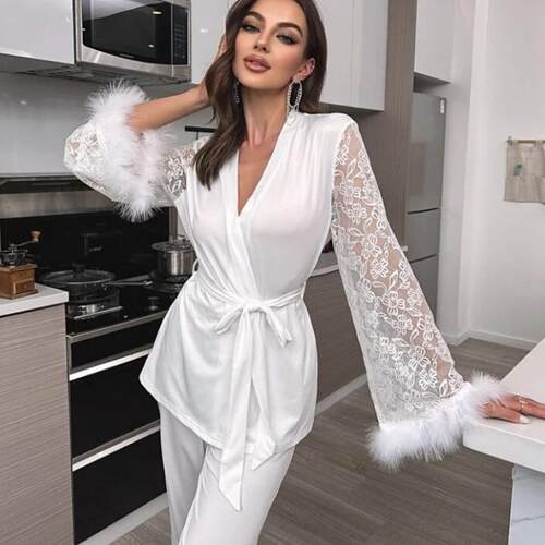 Splicing lace V-neck pajama and nightgown set