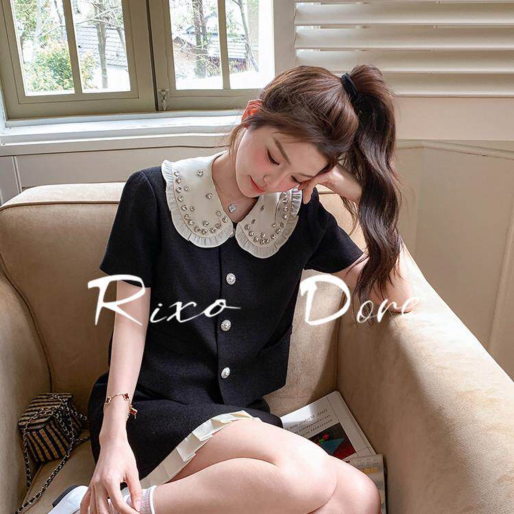RIXO DORE法式小香风黑色镶钻娃娃领上衣半身裙春季高级感套装女