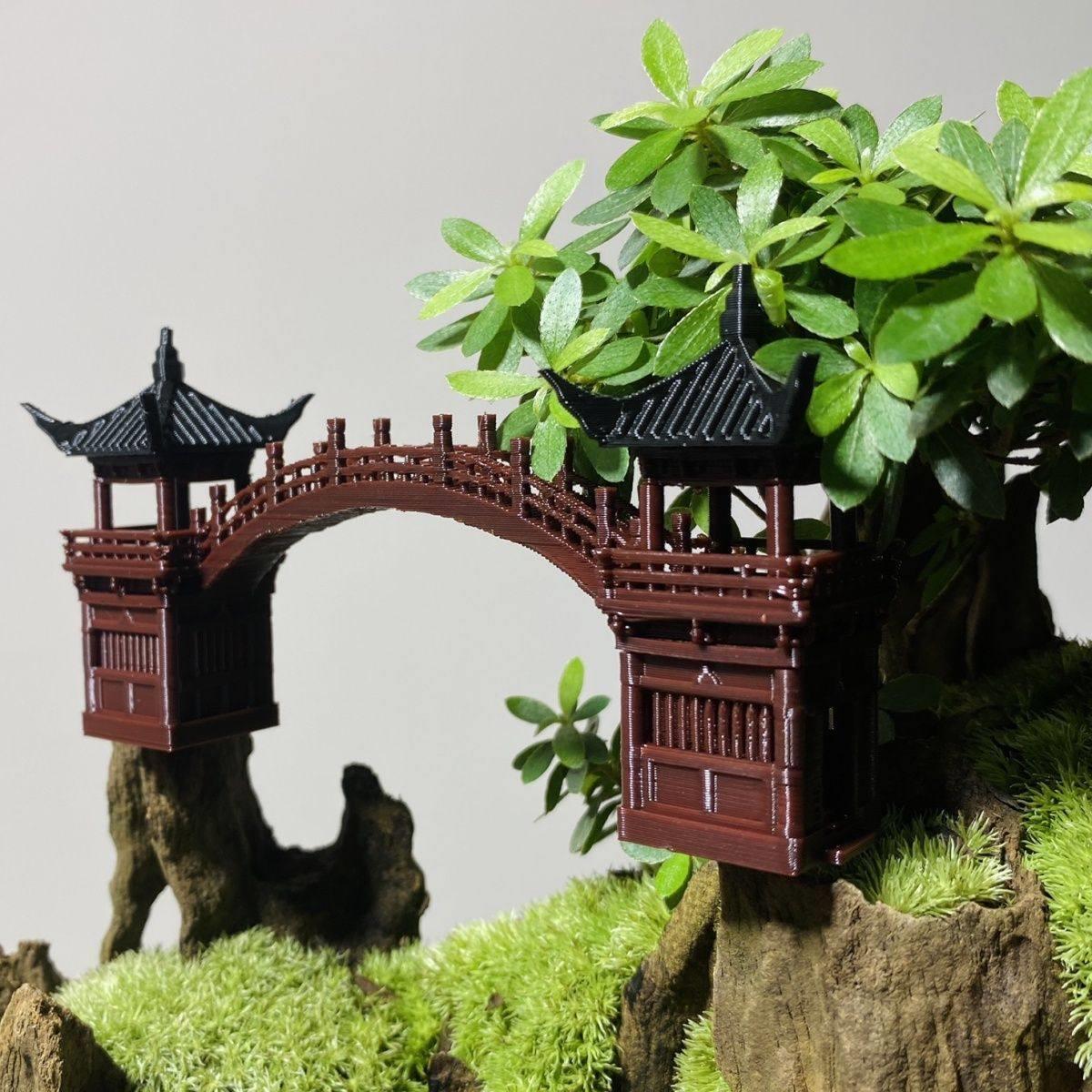 跨红长亭造景小摆件假山跨桥水陆缸鱼缸庭院盆景书房古建筑模型