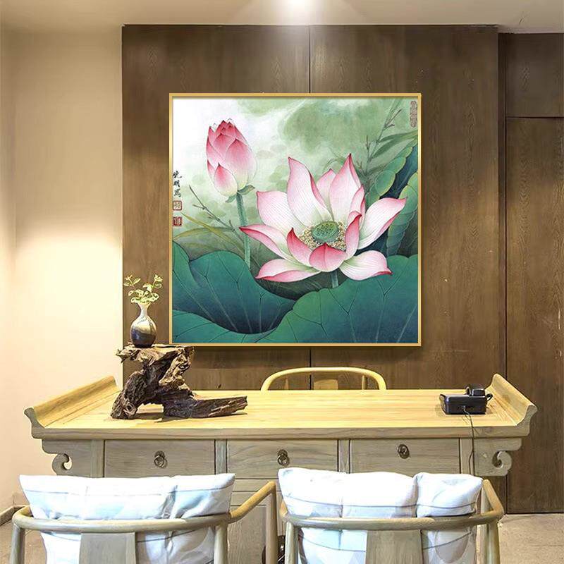 中国风荷花装饰画 卧室挂画客厅餐厅莲花鲤鱼图 墙画玄关卫生间壁