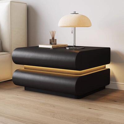 黑色实木床卧室家用网红奶油白色带灯床头柜意式皮质边收纳柜新品