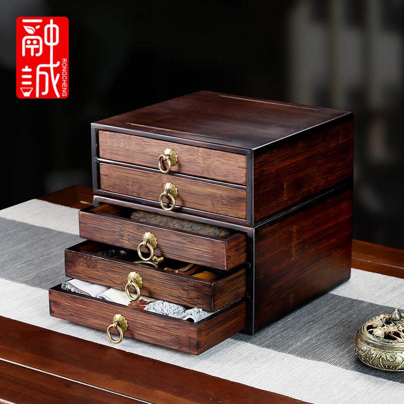 普洱茶盒家用竹制茶饼收纳盒抽屉式储茶盒子茶道分茶盘茶具零配件