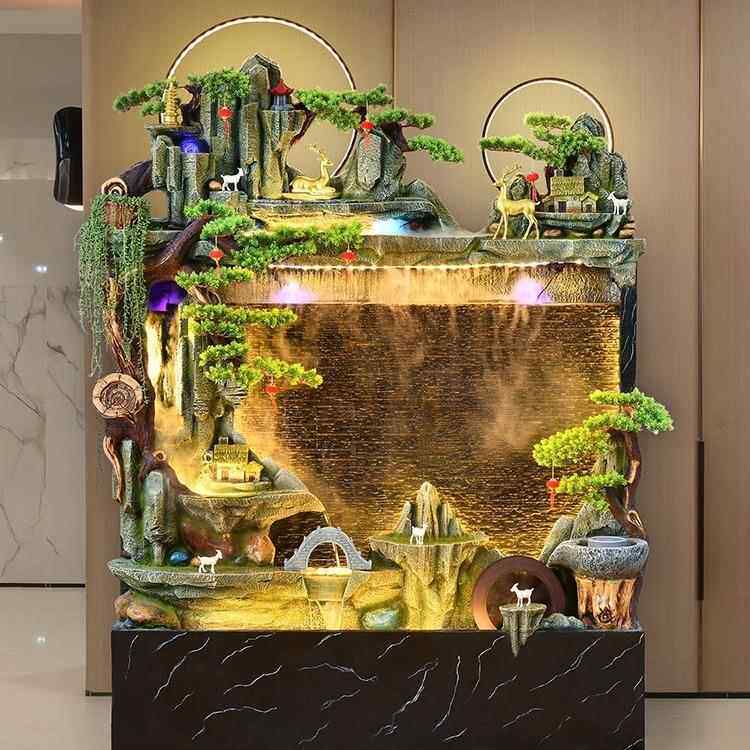 中式大型假山流水幕墙鱼缸风水轮加湿器酒店庭院公司落地装饰摆件
