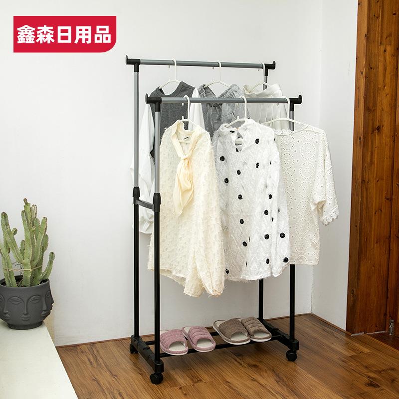 厂家直供升降晾衣架落地室内挂衣杆高低双杠可伸缩衣服架移动带轮