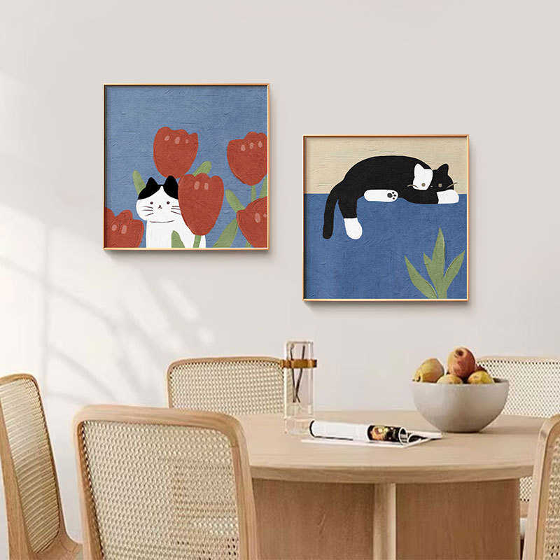 北欧卡通猫咪客厅装饰画可爱小众玄关餐厅壁画ins儿童房卧室挂画图片