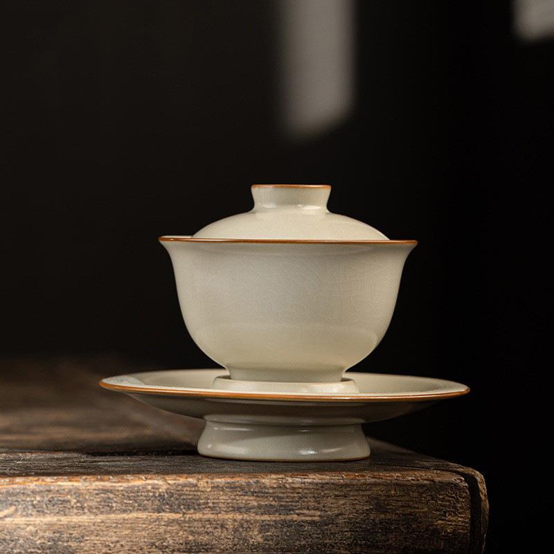米黄汝窑盖碗冰裂开片陶瓷茶杯功夫泡茶茶具大号带盖单个三才茶碗