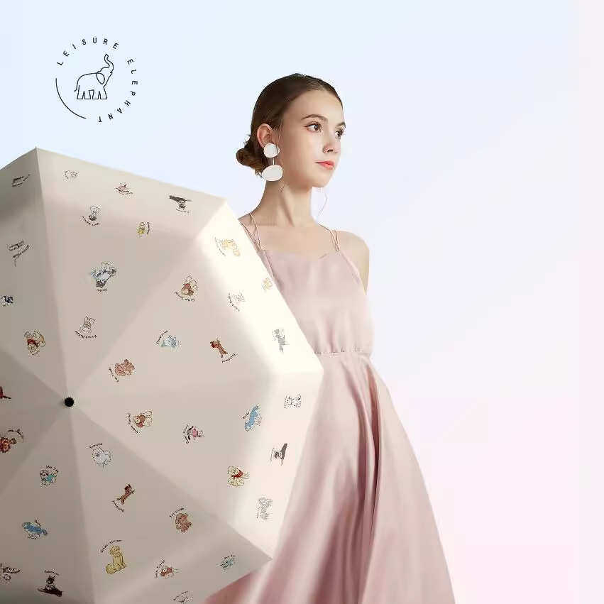 闲象三折黑胶遮阳伞可爱狗狗卡通upf50+晴雨两用伞加厚黑胶太阳伞