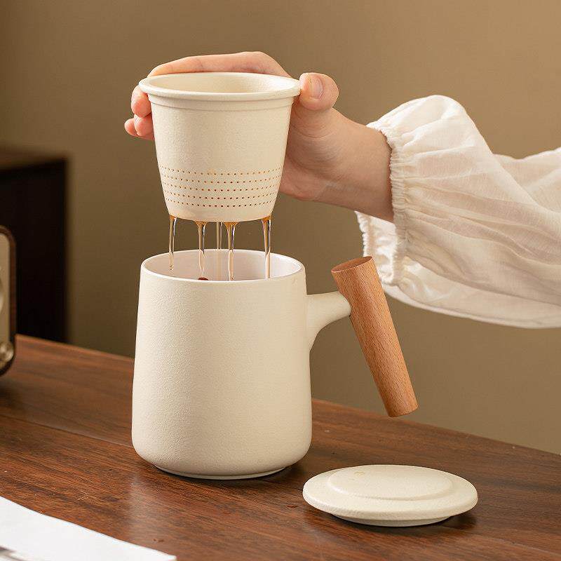 陶瓷茶水分离杯马克杯简约家用办公带盖子过滤个人专用木柄泡茶杯