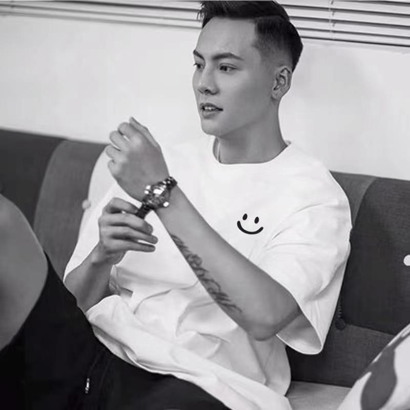 香港潮牌夏季短袖t恤男女ins重磅笑脸印花白色纯棉休闲情侣款体恤