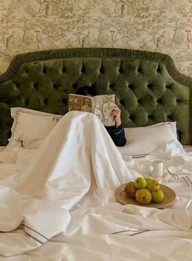 法式轻古布艺美式床奢主卧双人大床高287端绿色丝复绒公主床拉扣