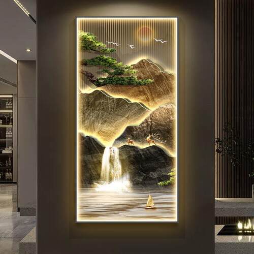 迎客松新中式玄关装饰画入户正对门挂画灯画轻奢高档走廊山水壁画
