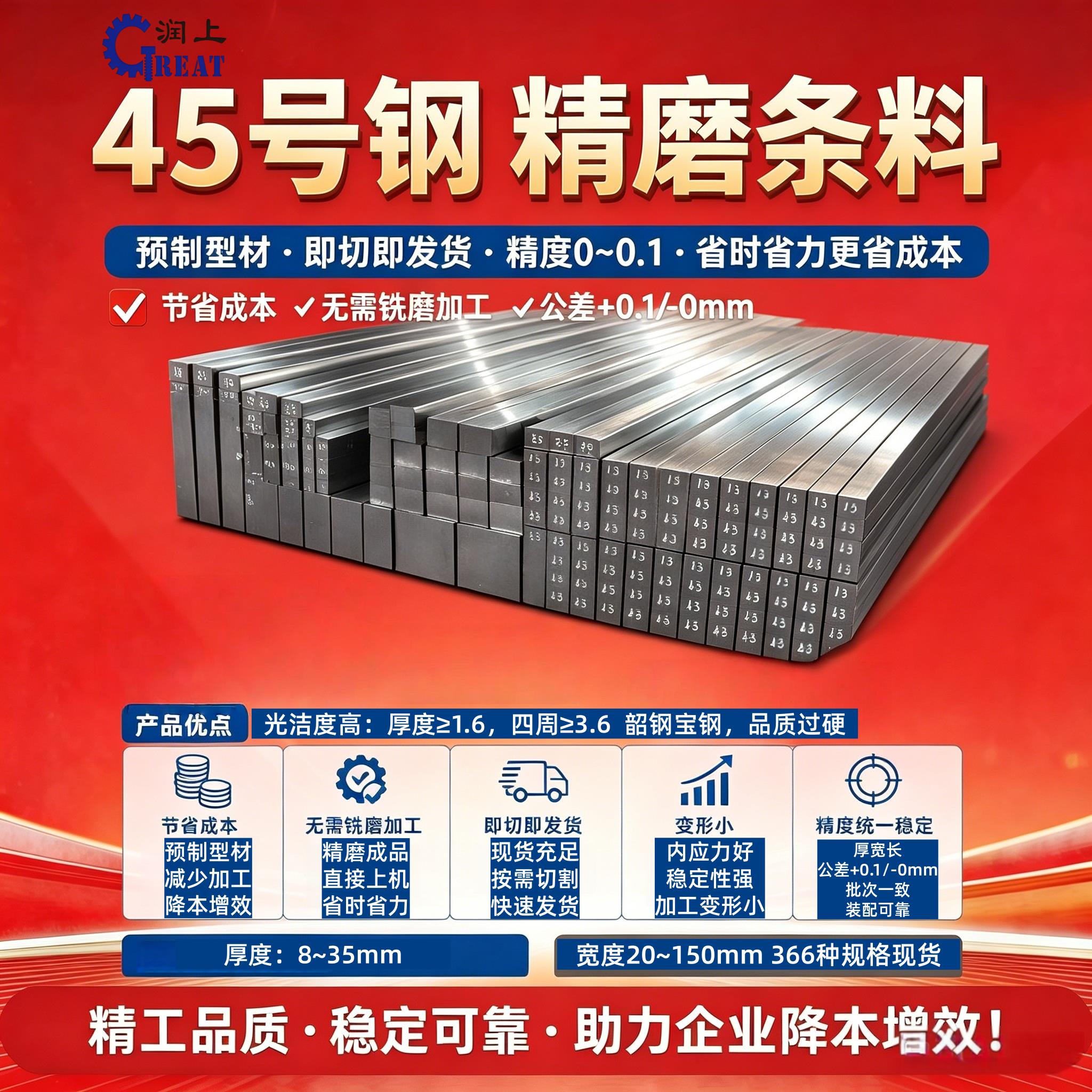 润上钢材45号钢精料精板光板光料厚35mm精磨钢条长条现货加工定制