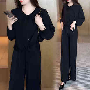 时尚套装女2024秋季新款大码胖mm显瘦遮肉减龄洋气阔腿裤两件套潮