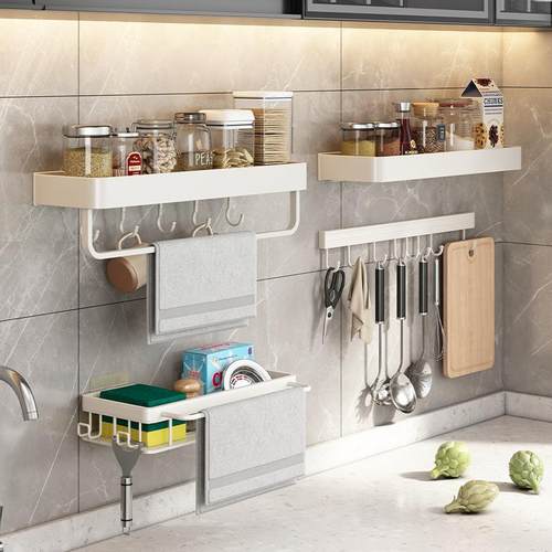 直销新款白色厨房置物架免打孔调料收纳架子壁挂墙上厨房用品收纳