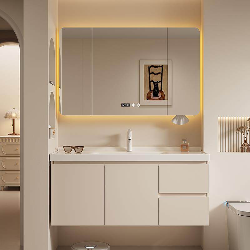 奶油风纯橡木烤漆浴室柜组合陶瓷一体盆挂墙式卫生间洗手盆洗脸盆