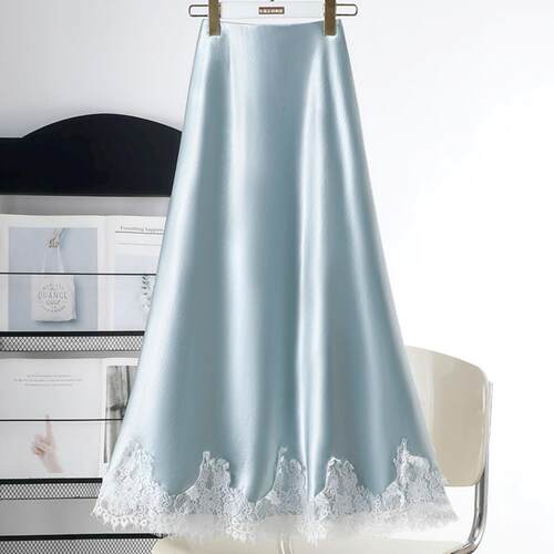 Lace patchwork silk midi skirt with a hanging feeling and
