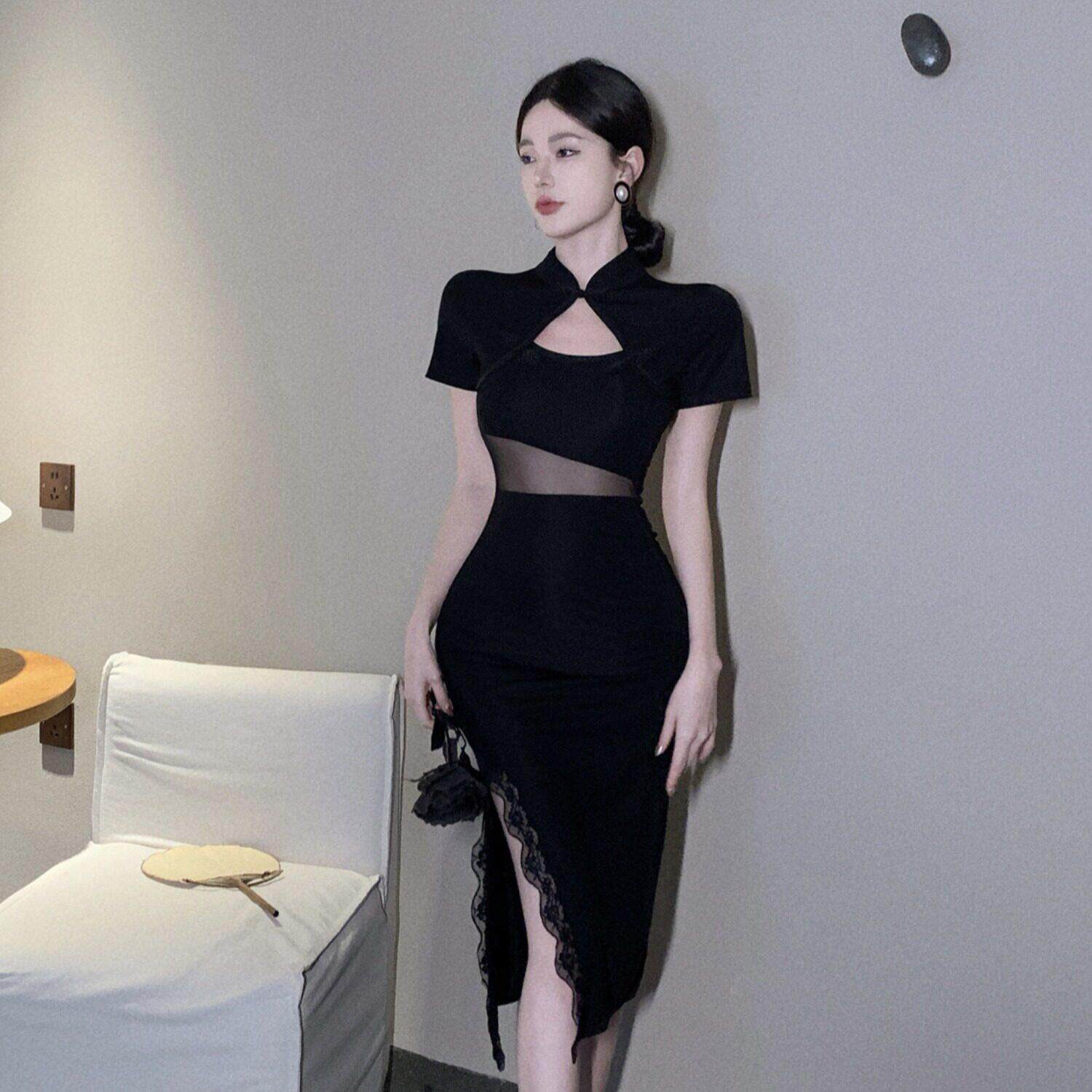 夏直播衣服女主播黑色改良旗袍新中式修身性感网纱拼接露腰连衣裙
