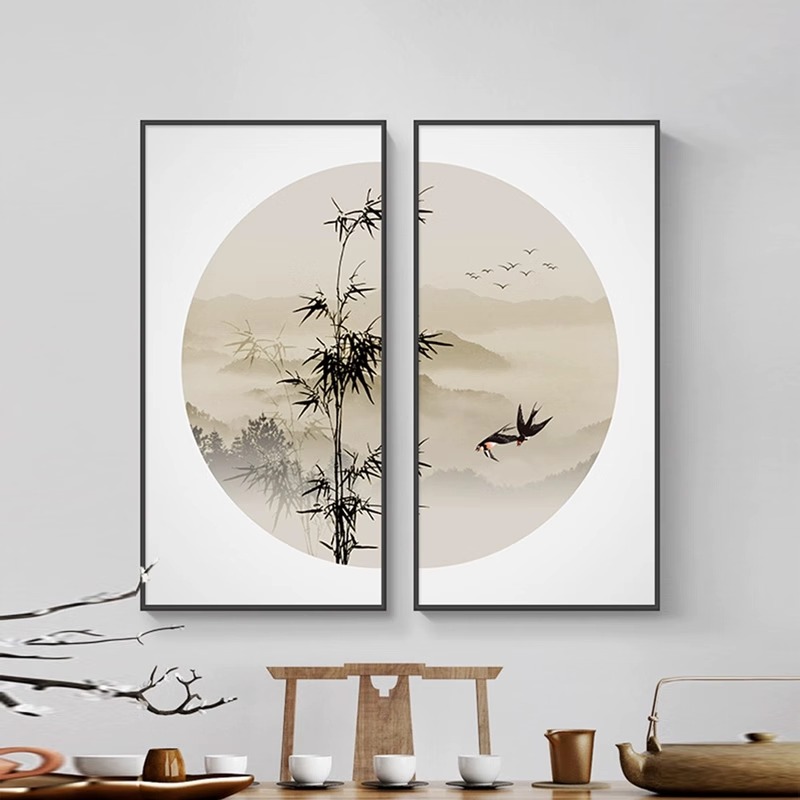 新中式挂画茶室背景墙装饰画水墨画书房山水画客厅餐厅组合玄关画