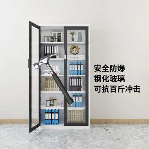 办公室推拉门文件柜带锁玻璃门书柜展示柜阳台储物铁皮移门收纳柜