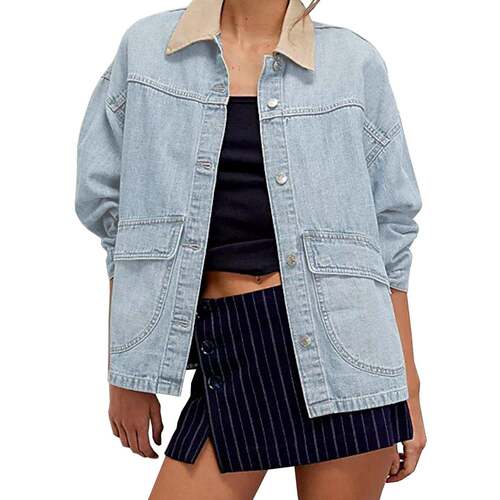 Womens Contrast Collar Loose Denim Jacket Vintage Washed