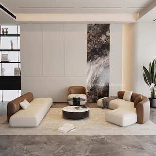 洽谈会客艺大厅沙发弧形沙发组合皮沙发展厅美容院休息区接待商务