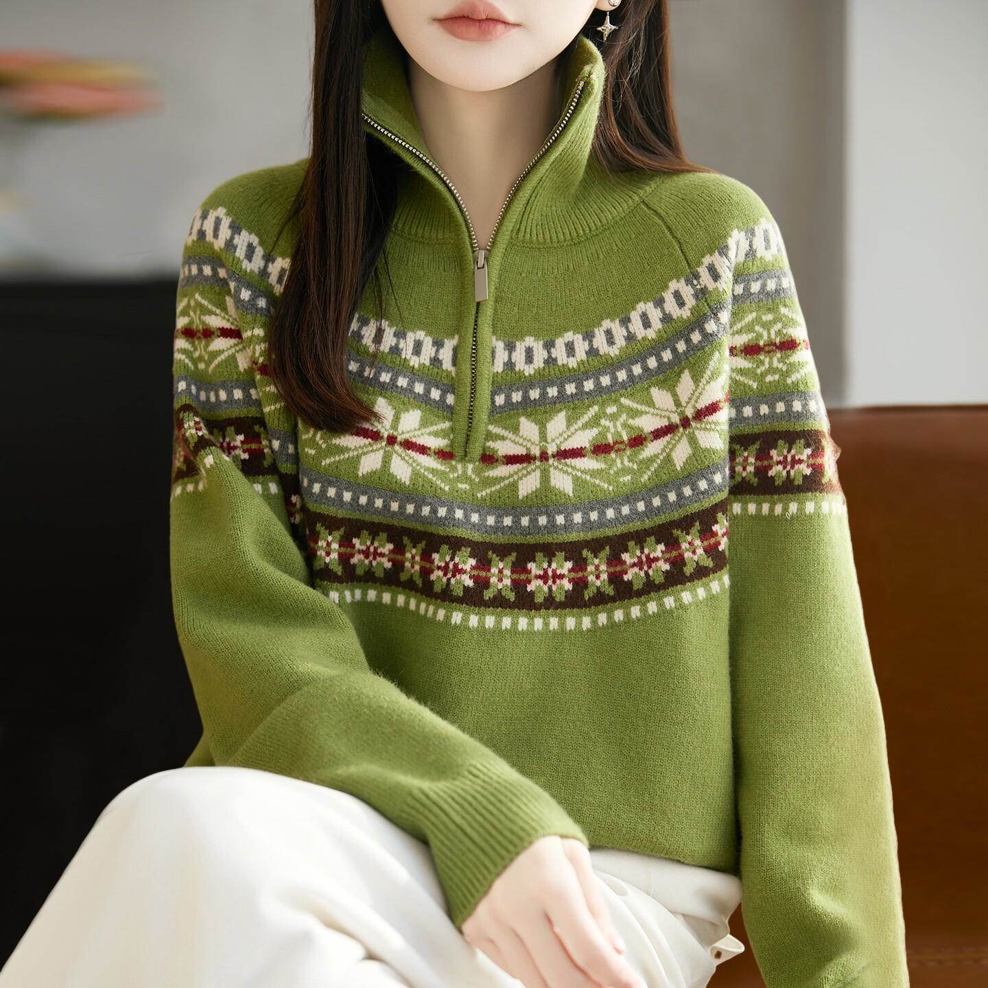秋冬新款拉链半开领针织羊毛衫复古提花毛衣女妈妈洋气大码上衣