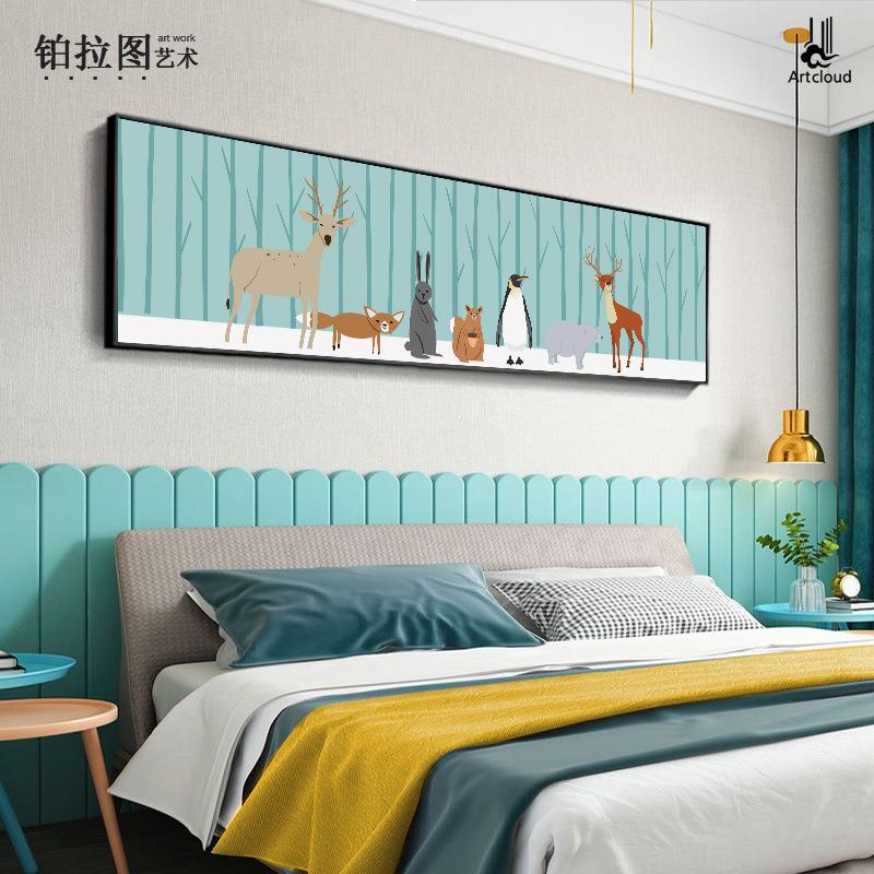 可爱动物装饰画儿童房床头横幅卧室挂画北欧风格卡通挂画工厂