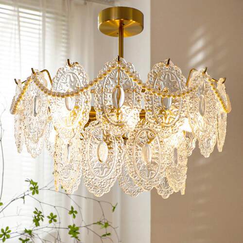 美式客厅玻璃灯后现代法式复古玻璃吊灯卧室餐厅珍珠水晶新款灯具