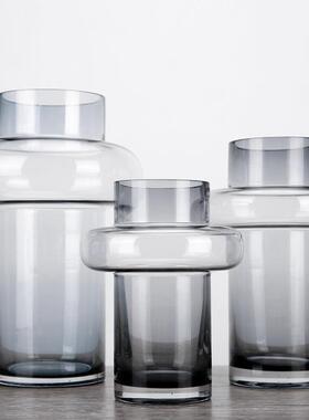 碧轩北欧轻奢灰色小蛮腰玻璃花瓶富贵竹水培插花花器家居装饰摆件