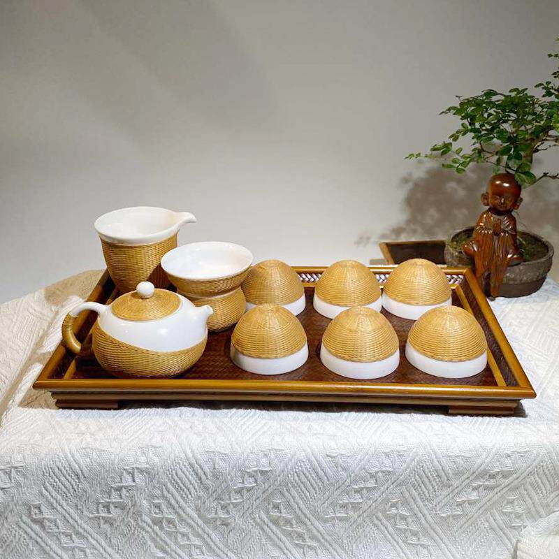 佰艺轩东阳纯手工编织竹丝中式煮茶瓷胎竹编茶具9件套