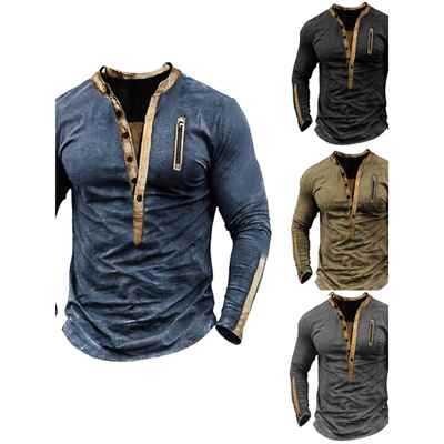 Long-sleeved casual Henry T-shirt覆古纯色长袖休闲亨利衫T恤男