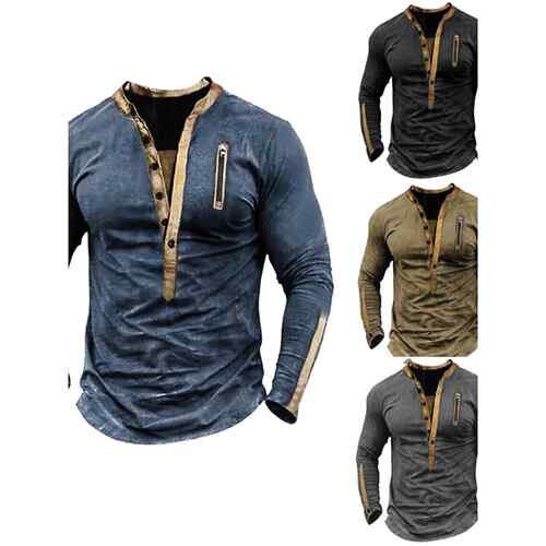 Long-sleeved casual Henry T-shirt覆古纯色长袖休闲亨利衫T恤男