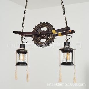 工业风复古齿轮两头吊灯 麻绳吊灯 风灯吊灯