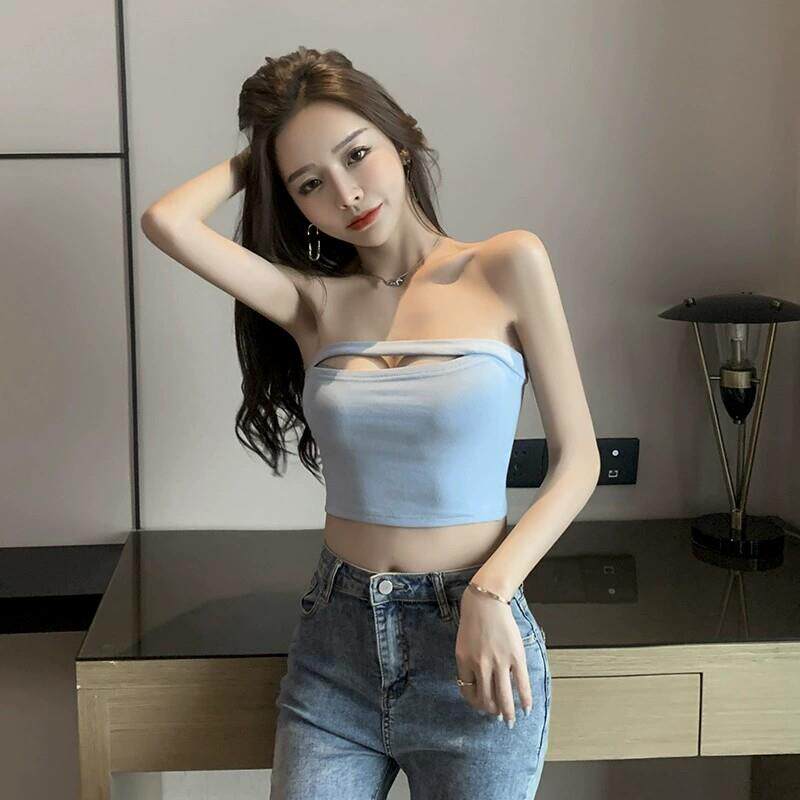 夜总会酒吧辣妹性感抹胸女上衣短款露脐修身无肩带打底小背心蓝色