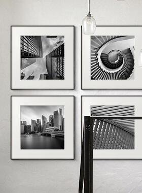 现代简约客厅装饰画三联沙发背景墙轻奢建筑抽象黑白灰色风格挂画