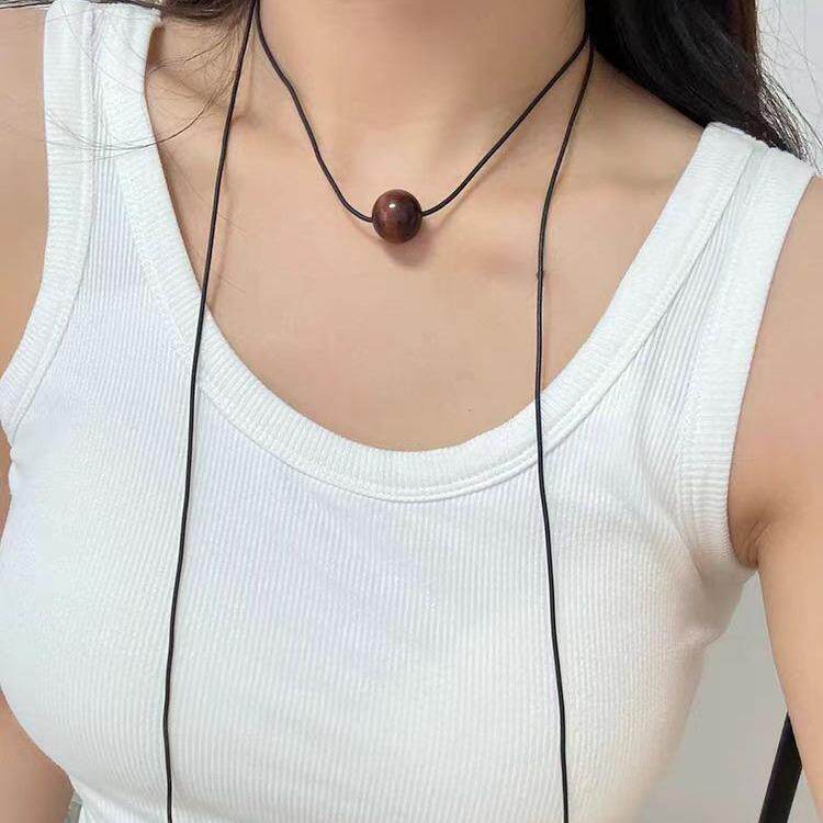 小众流苏虎眼石皮绳项链女一体虎石锁骨链简单高级感简约百搭