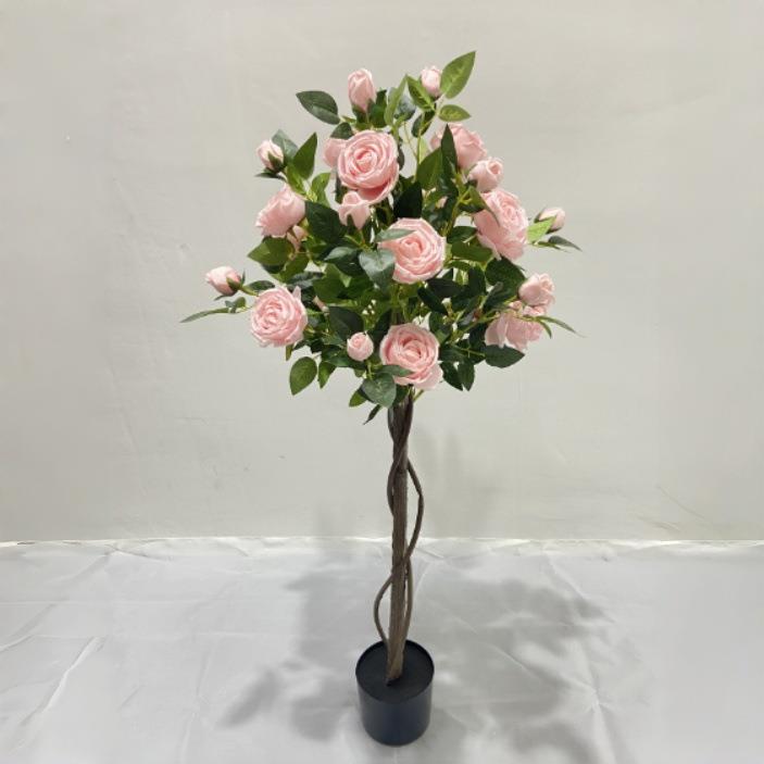 跨境高级绿植仿真山茶花树室内摆件装饰客厅人造花树玫瑰盆栽植物